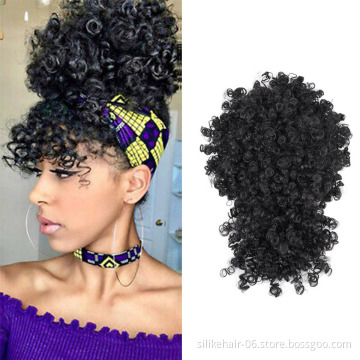 Low Price Brown Short Afro Kinky Curly Chignon With Bangs Drawstring Ponytail Puff Hair Pieces Synthetic Hair Bun Extensions